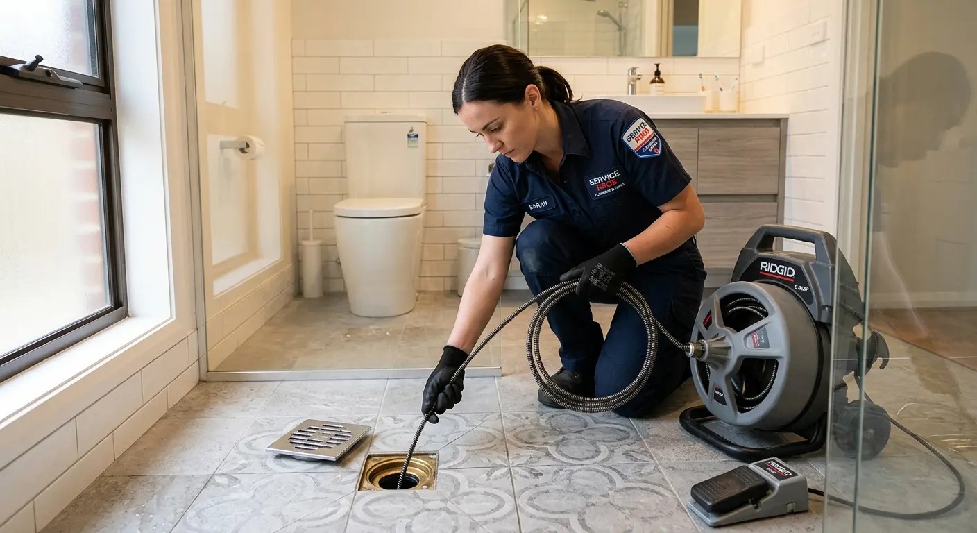 Technician clearing a bathroom floor drain for Sewer Line Installation in North Sewickley